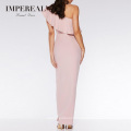 Women Diamante Waistband Maxi Ruffle Layer Neckline Peach Bridesmaid Pink Dress